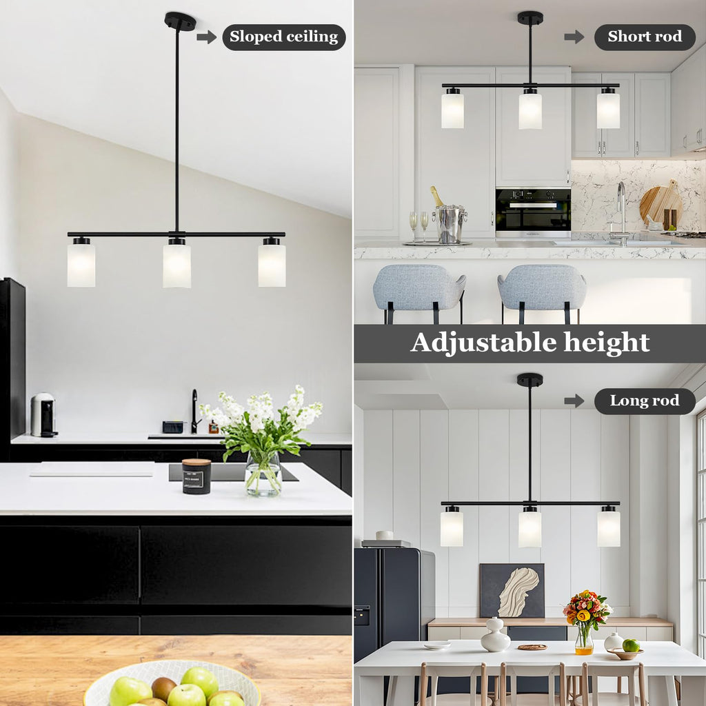 31" Kitchen Island Lighting 3 Light Black Pendant Light Island with Milk Glass Shade Modern Linear Chandelier