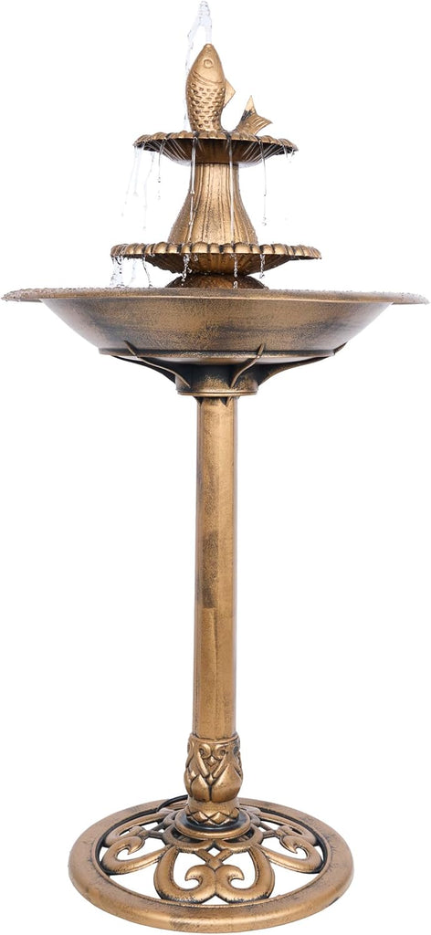 40" Tiered Pedestal Fish Fountain Birdbath, Cascading Outdoor Water Feature Décor, Gold