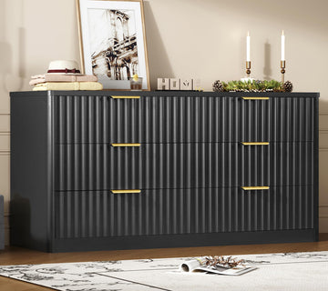 Fluted 6 Drawer Dresser, Wide Modern Chest of Drawers with Metal Handle, Curved Profile Design, Wood Closet Clothes