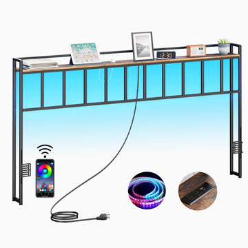 Headboard, Headboards with LED Light, Outlets and USB Ports, Head Board with Storage Rack, Sturdy and Stable