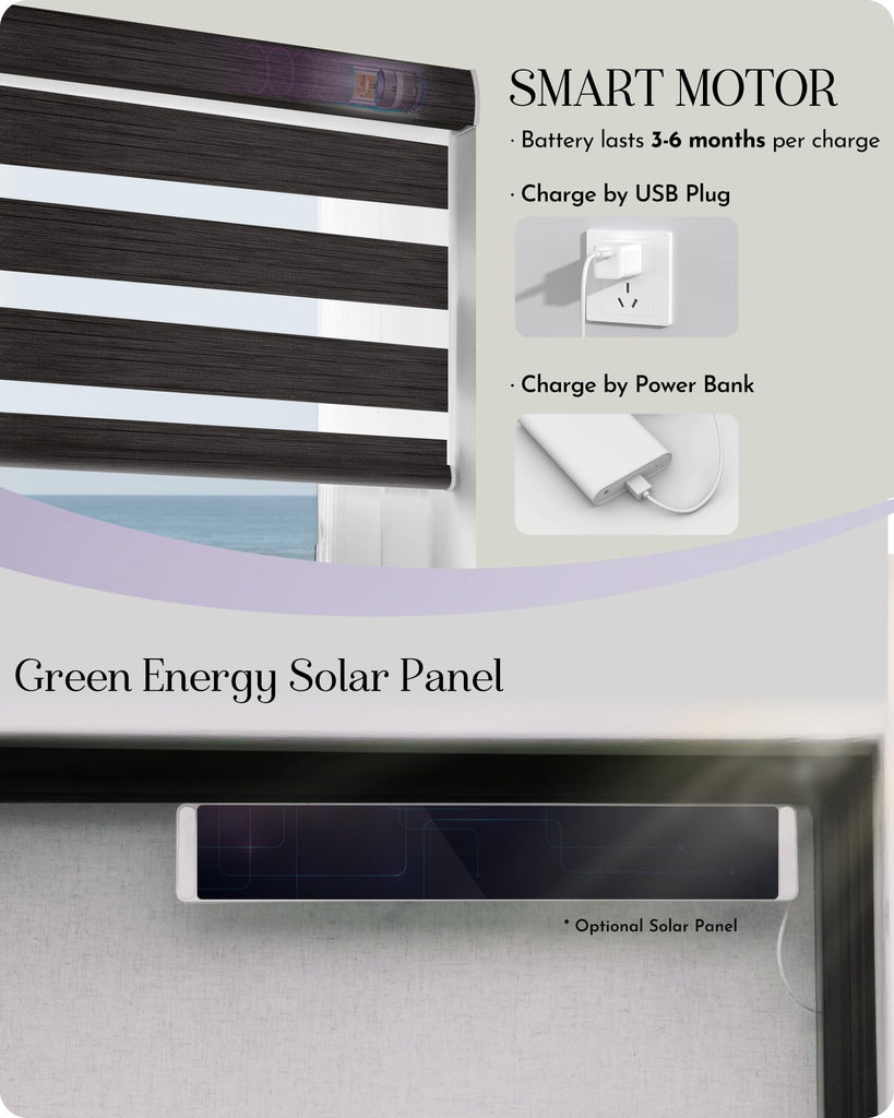 Motorized Zebra Blinds 100% Blackout Compatible with Alexa Horizontal Light Filtering Window Shades Remote Roller