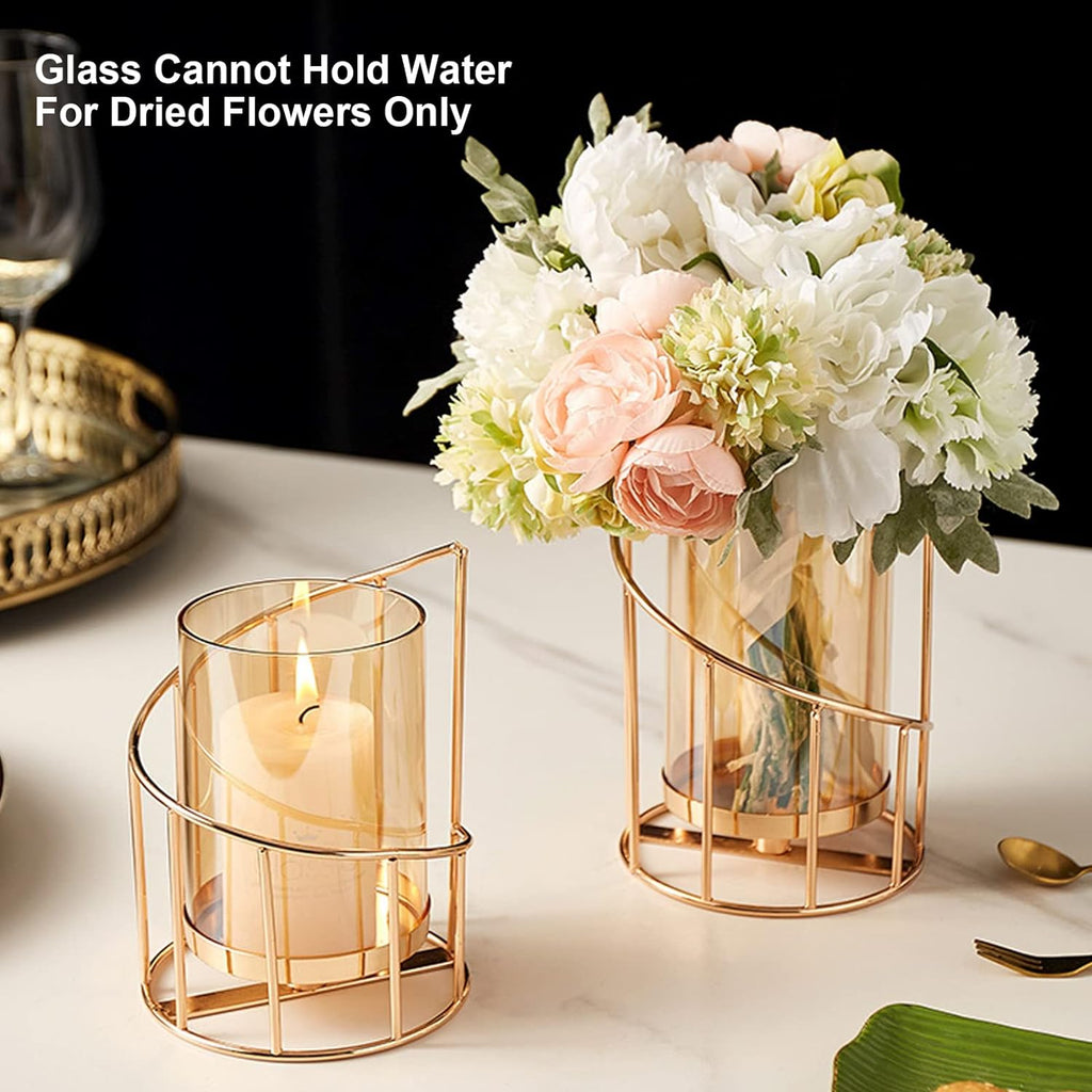 Metal Wire Candle Holder Set of 2, Glass Pillar Candle Holders Gold Decorative Tea Light Candleholders Decor Table