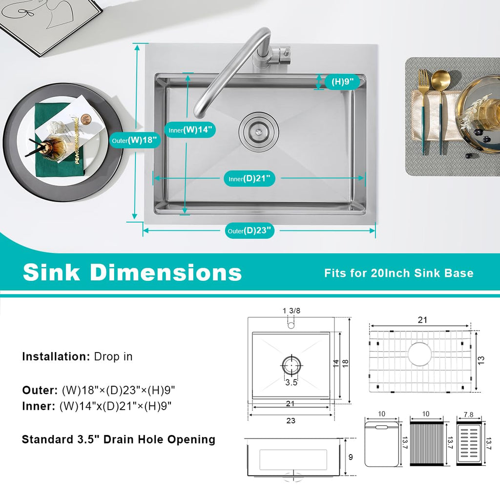 23 x 18 Inch Drop in Workstation Kitchen Sink 304 Stainless Steel