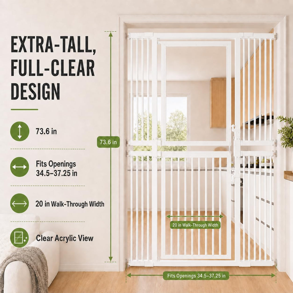 73.6" Extra Tall Cat Gate, Adjustable 29.5"-51" Wide, Clear Acrylic Top and Metal Bar Bottom, Auto-Close Walk-Through