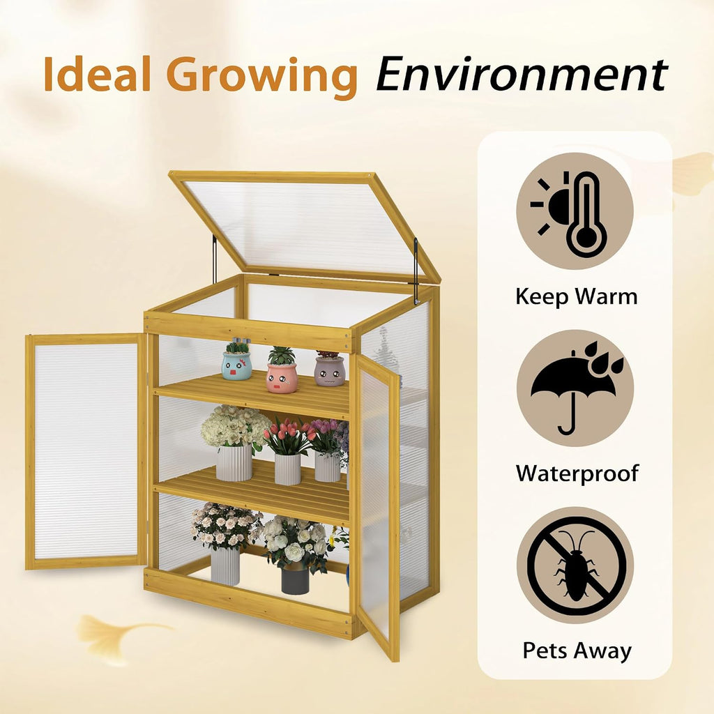 Wooden Cold Frame Greenhouse, 3-Tier Garden Portable Mini Greenhouse Cabinet with Openable Roof and Adjustable