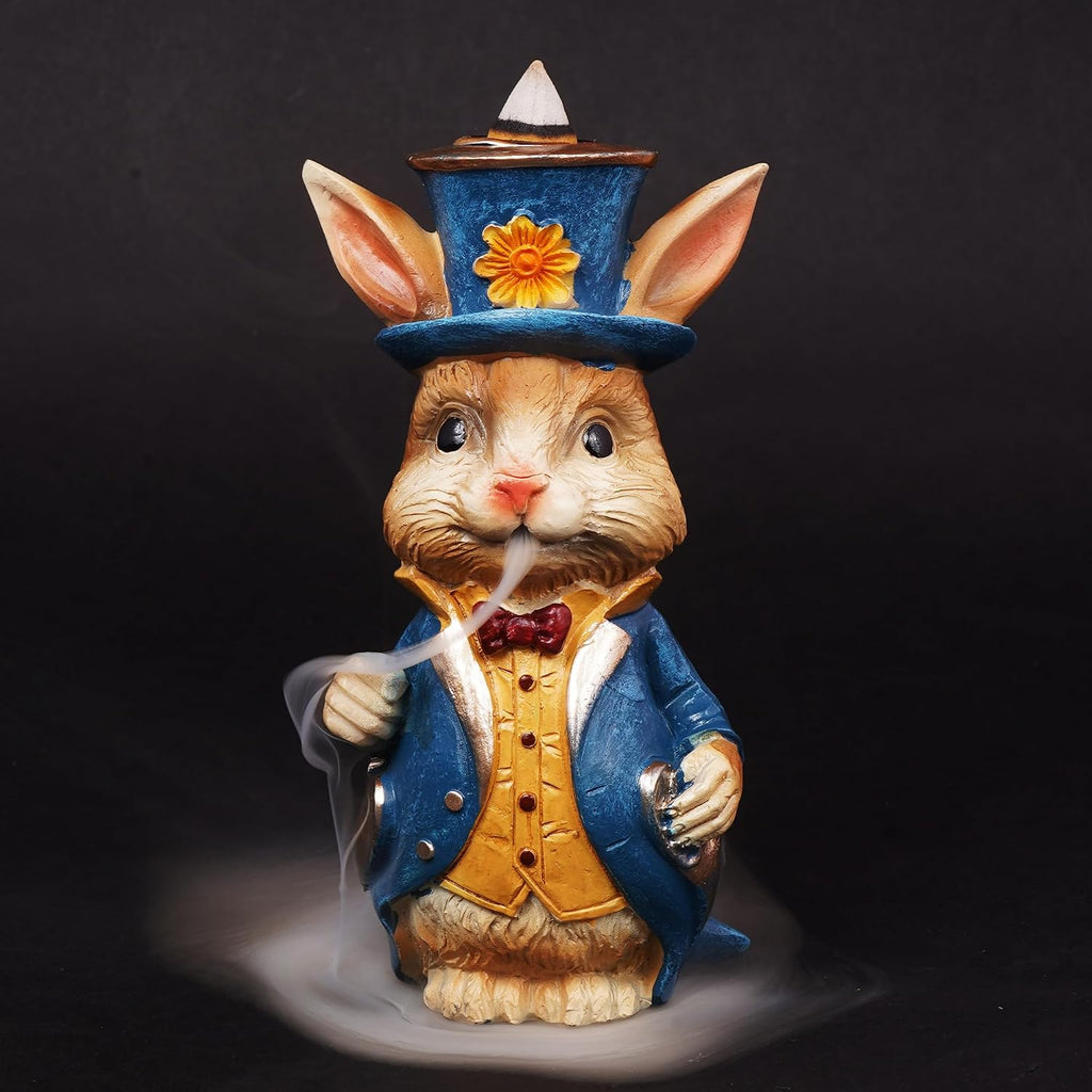 Alice in Wonderland Rabbit Backflow Incense Burner | 6.25 x 2.5 Inches | Hand-Painted Cold Cast Resin Decorative