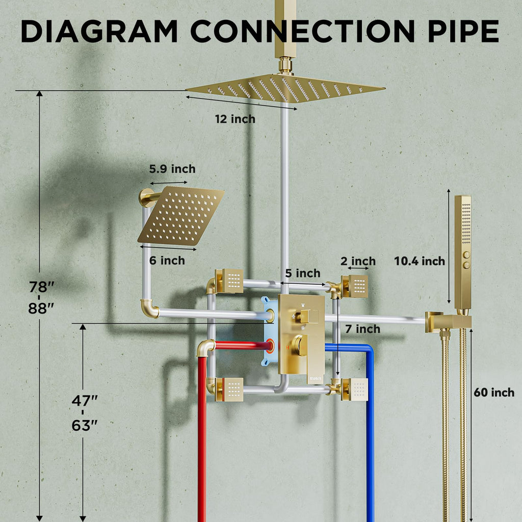 Shower System with 4 Body Spray Jets, 4 Way 12 + 6"Rainfall Shower Head with Handheld Combo, Ceiling Mounted Shower