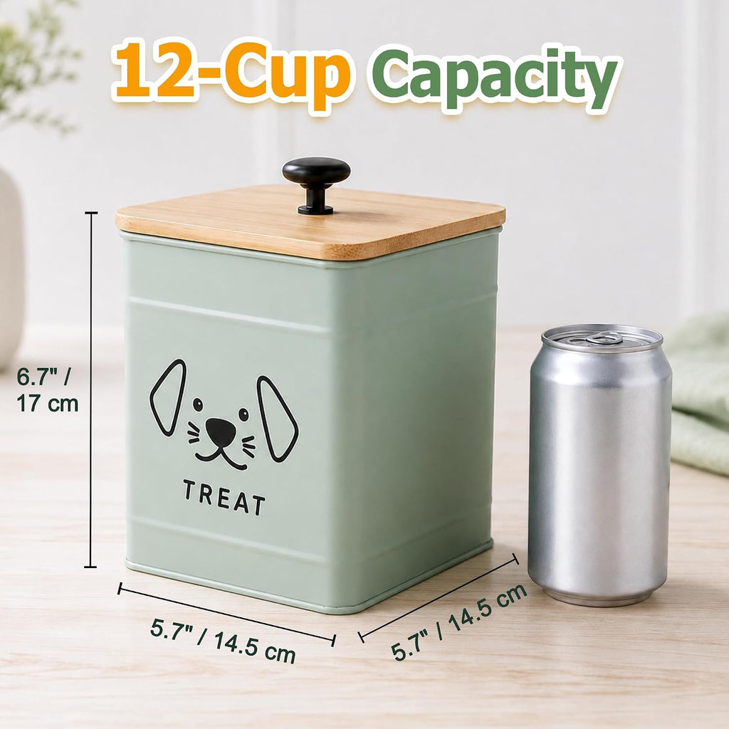 Dog Treat Container 6" W x 8" H Metal Storage Canister with Bamboo Lid