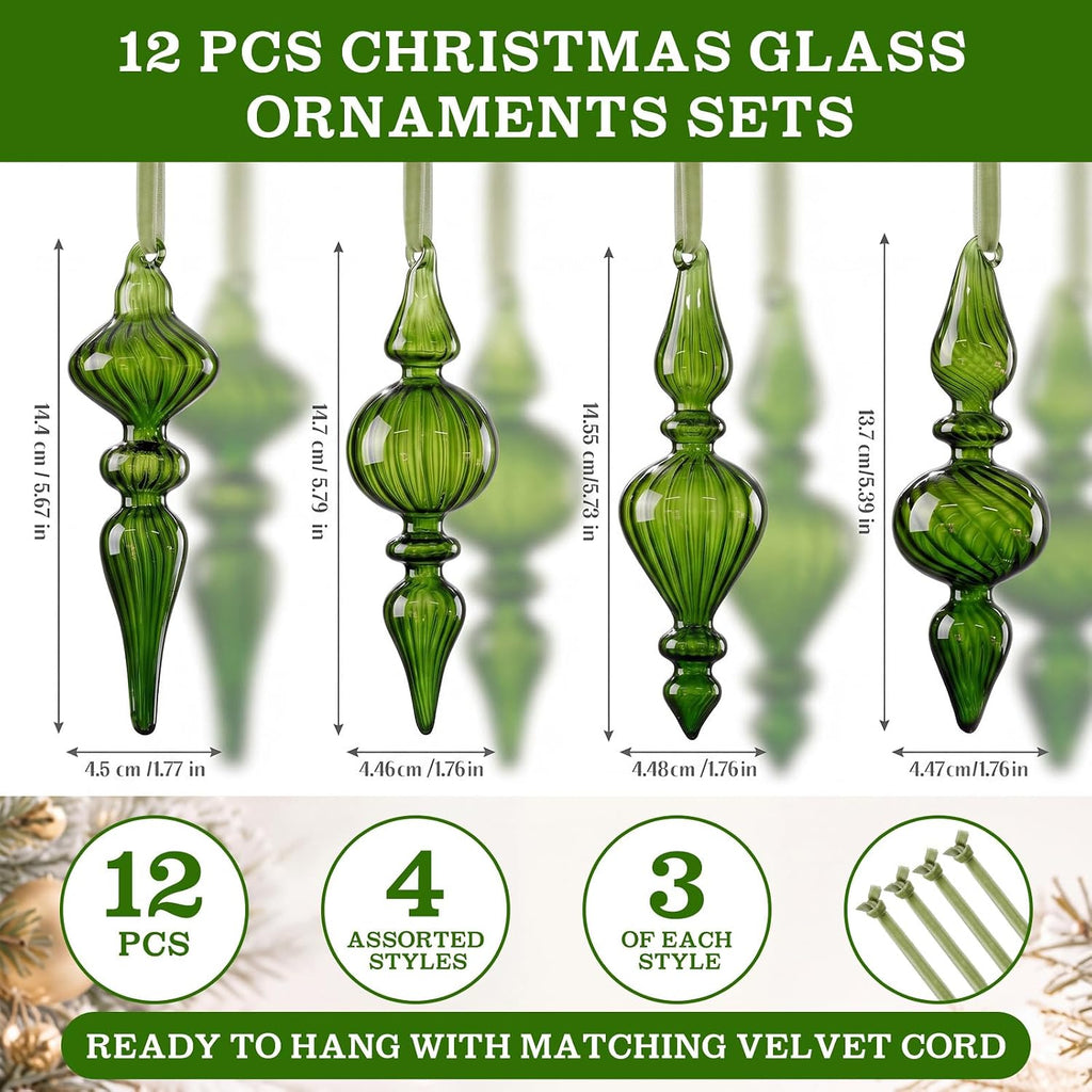 Vintage Glass Finial Christmas Ornaments, Green - Set of 12
