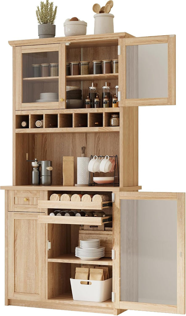 35.4"x17.7"x74.8" Farmhouse Freestanding Buffet with Hutch, Kitchen Pantry Storage Cabinet with Wine Rack and