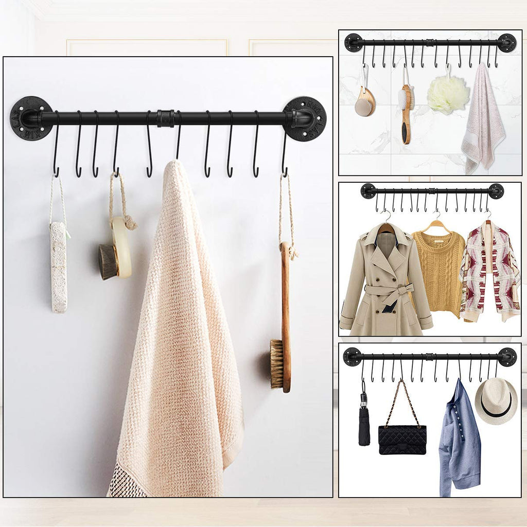 31.5 inch Pot Rack, Kitchen Wall Mounted Detachable Pan Lid Utensils Organizer Hanging Rail with 14 Hooks, Black