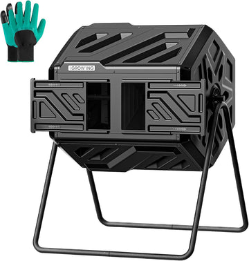 THE Growing 43 Gal Outdoor Compost Bin Tumbler for Backyard Garden, Black | Twin 21.5gal heat-absorbing chambers.