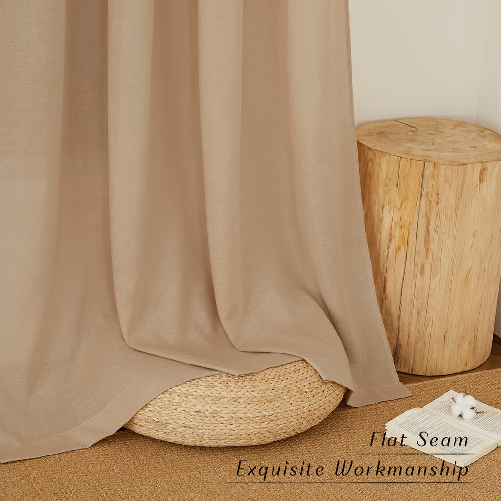 Flax Camel Linen Curtains for Room Divider, Grommet Top Thick Flax Semi Sheer Vertical Drapes Privacy Assured with