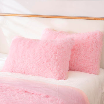 Faux Fur Fluffy Fuzzy Plush Pink Pillow Case Set of 2, Soft Decorative Pillow Covers for Bed, Bedroom, Living Room
