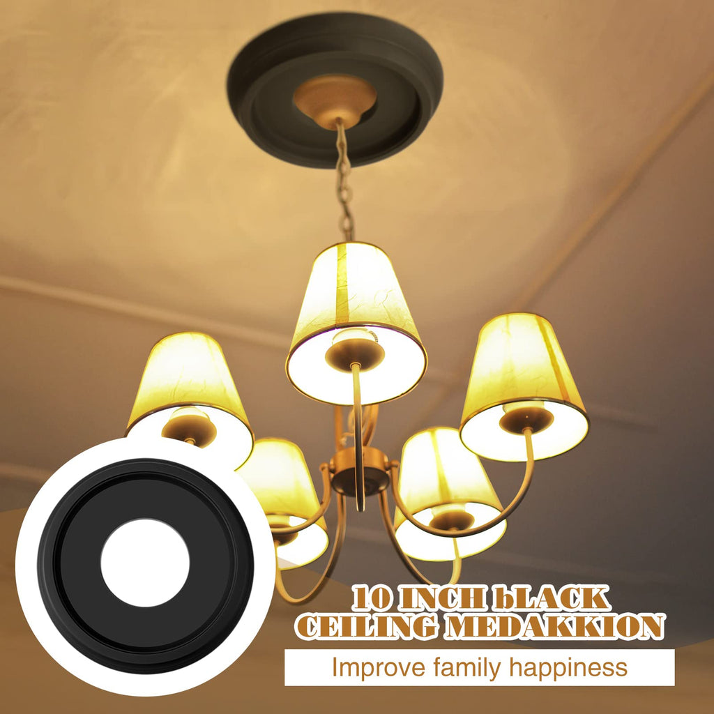 2 Pack Black Ceiling Medallion for Light Fixtures and Ceiling Fans Chandeliers 10" Od x 3.5" ID(Classic)