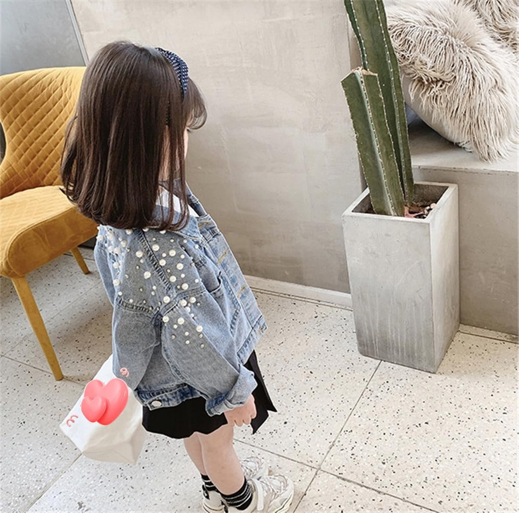 Girls Pearl Embellished Denim Jacket Button Jean Outerwear