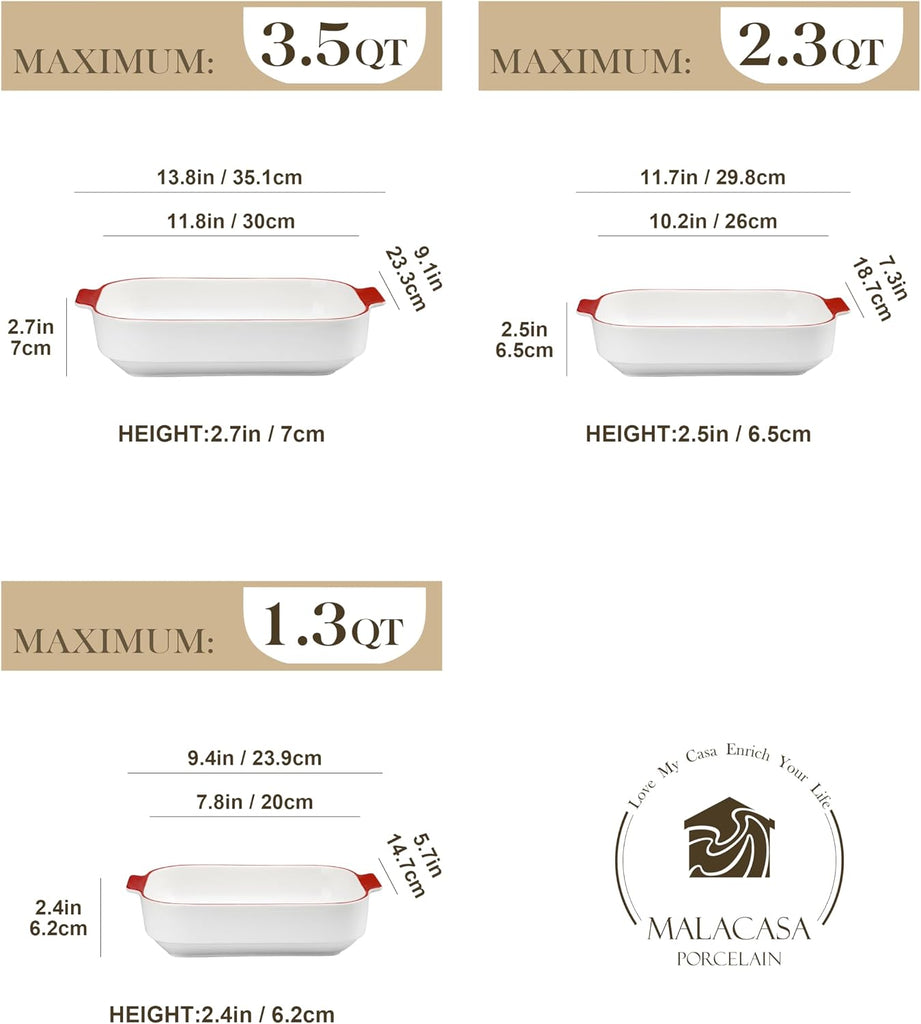 Ceramic Casserole Dishes Set of 3, Red Trim Dish for Oven | 9x13 Rectangular Lasagna Pans with Handles, Microwave