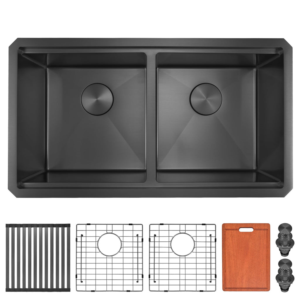Black Undermount Kitchen Sink, 31 Inch Double Kitchen Sink Stainless Steel 16 Gauge, 10" Depth Workstation Kitchen