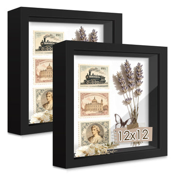 12x12 Black Wooden Shadow Box Frame, Tempered Glass, 2 Pack