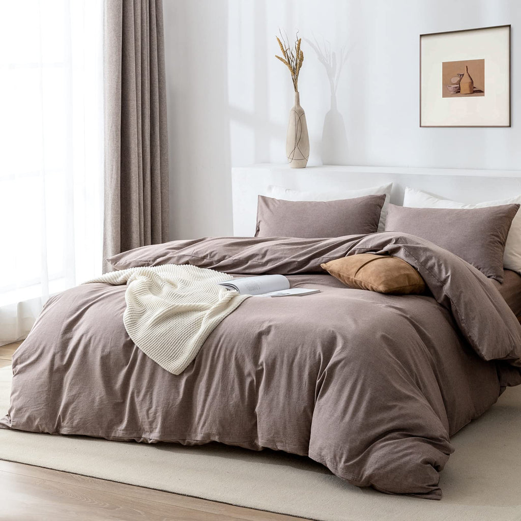 Duvet Cover Set- 100% Washed Cotton 3 Pcs Soft Comfy Breathable Chic Linen Feel Bedding, 1 Duvet Cover and 2