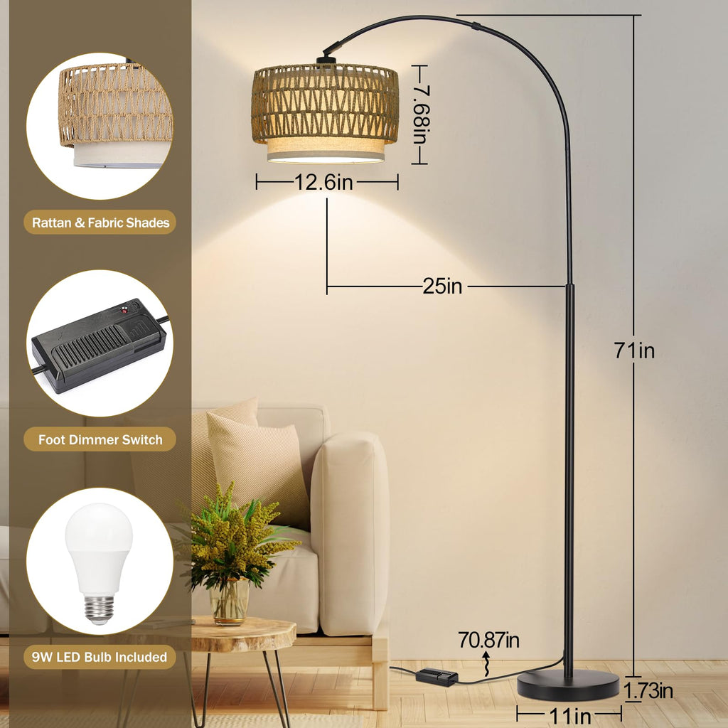 Rattan Floor Lamp, Dimmable Arc Floor Lamps with Adjustable Head