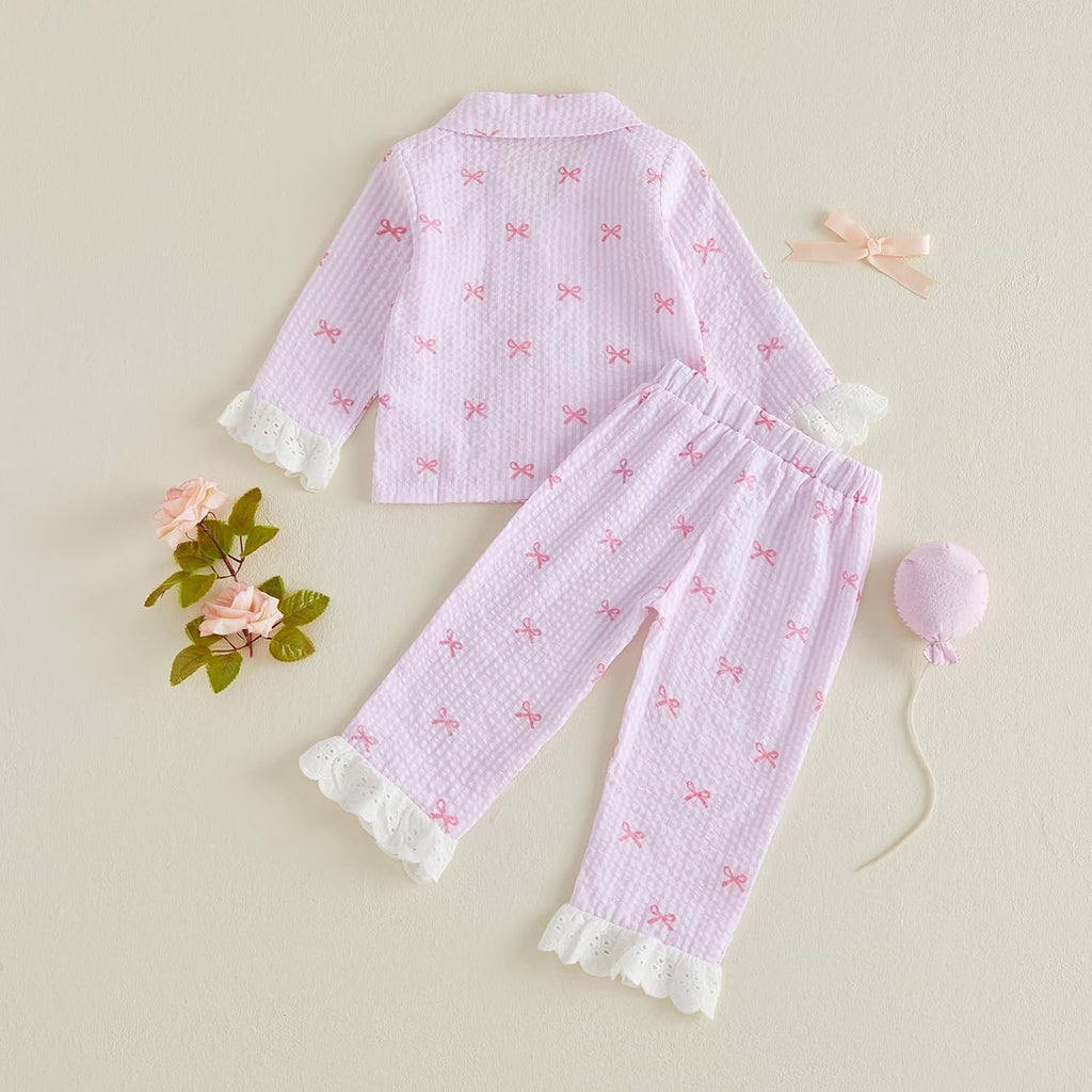 Baby Girl Pajamas Set Bow Long Sleeve Button Down Shirt Top Pants Kids Toddler Two Piece Pjs Set Sleepwear Fall Winter