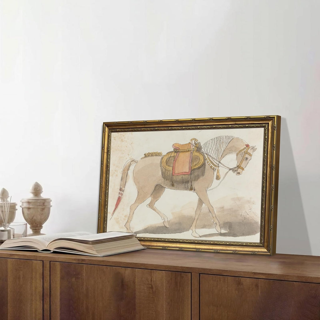 Vintage Gold Framed Horse Wall Art, Equestrian Sketch Style Canvas Print, Classic Old Money Antique Decor, Aesthetic