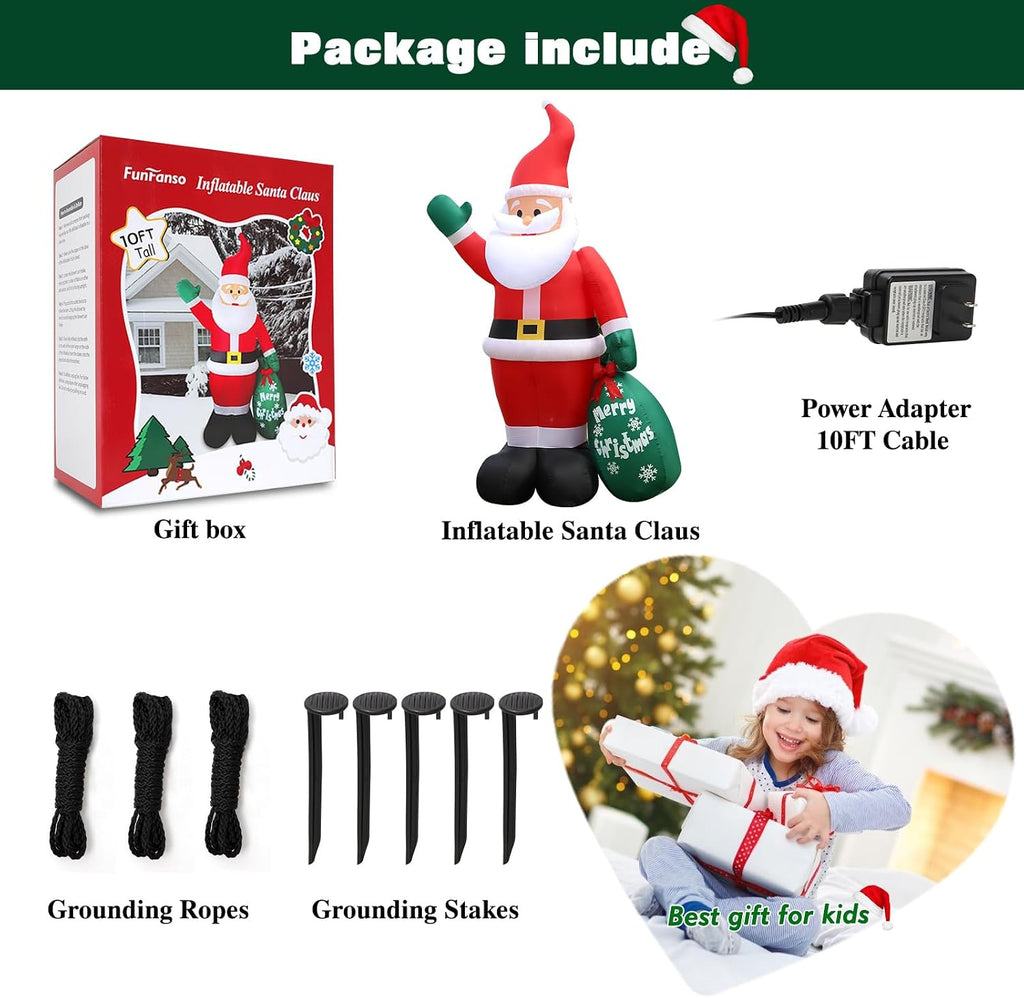 10 FT Christmas Inflatable Santa Claus Outdoor Decor for Yard, Giant Blow up Santa Decoration with Big Gift Bag