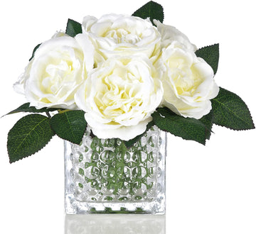Artificial Peony Silk Flower Centerpieces Faux Floral Arrangement in Glass Vase Wedding Table Decoration (Cream)