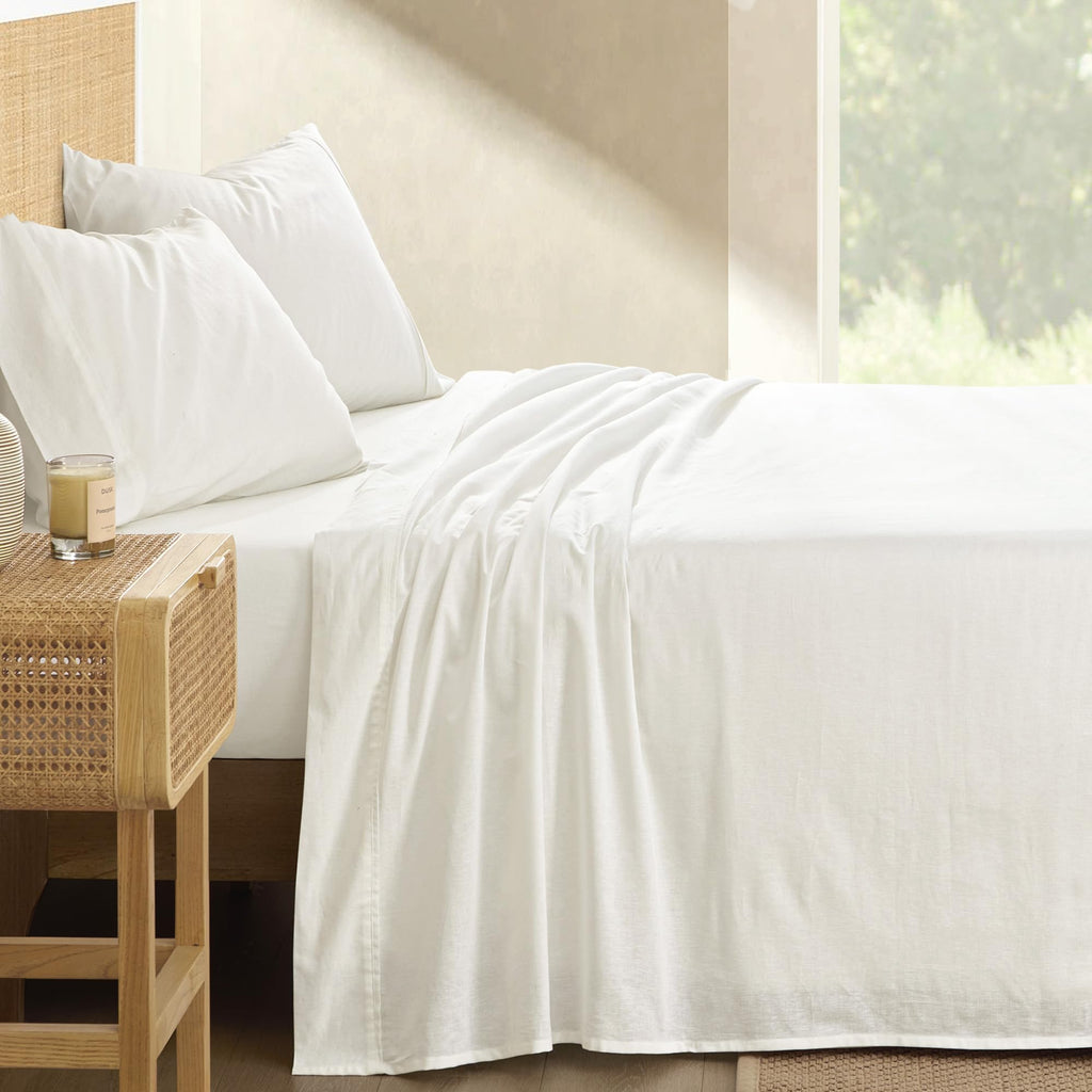 Cotton Linen King Bed Sheet Set - White Linen Sheet Set 4pc, Natural Flax, Breathable and Durable Anti-Tear Sheets