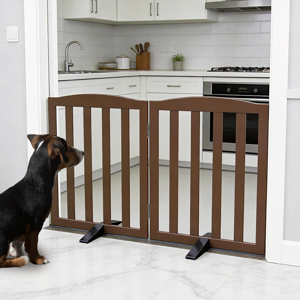 Freestanding Dog Gate Indoor, Doggie Gate Foldable Pet Gates for Doorways, Stairs or Hallways, Wooden Brown Pet Gate