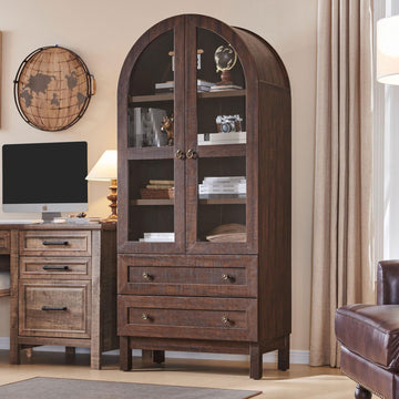 71" Tall Arched Bookshelf, Modern Wooden Bookcase w/4-Tier, Brown | Wood Cabinet w/Glass Doors & Shelves, Display