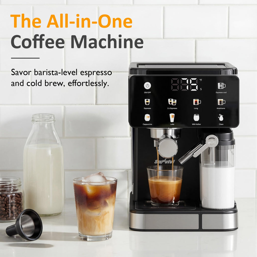 Espresso Machine with Cold Brew, All-in-one Iced Coffee Maker with Automatic Milk Frother, LED Touchscreen, 51OZ