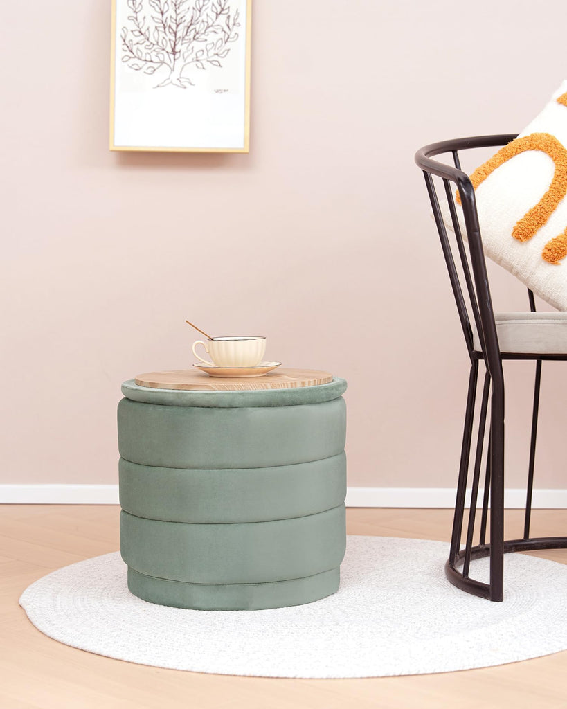 15.4" Round Velvet Storage Ottoman with Tray, Sage