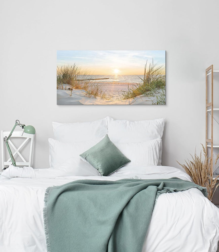 Canvas Wall Art Beach Picture: Coastal Sunset Painting Decor Ocean Seascape Artwork Sea Seaside Dunes Grass Print