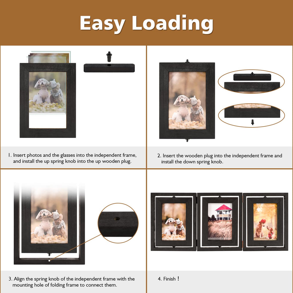 4x6 Picture Frame Rustic Wood Hinged Folding Triple Picture Frames Collage, Double-Sided Display Rotatable High