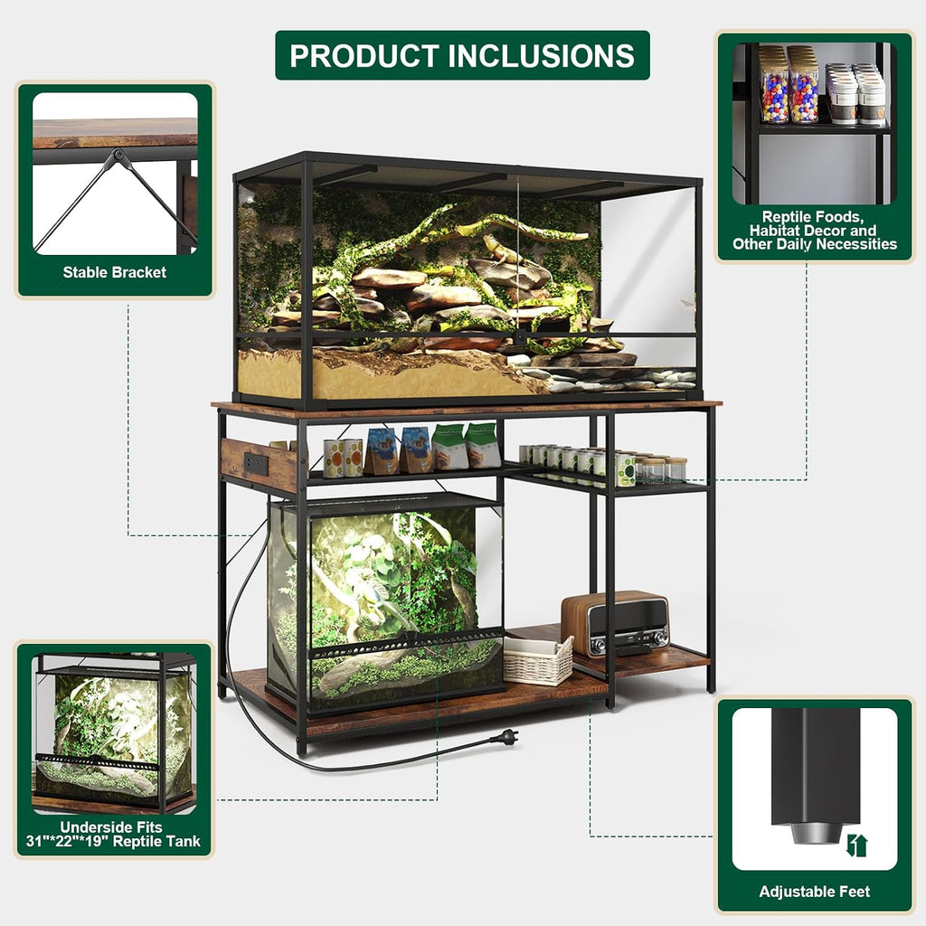 Reptile Tank Stand with Power Outlets, Tabletop Fits up to 120 Gallon Bearded Dragon Enclosure Stand, Double