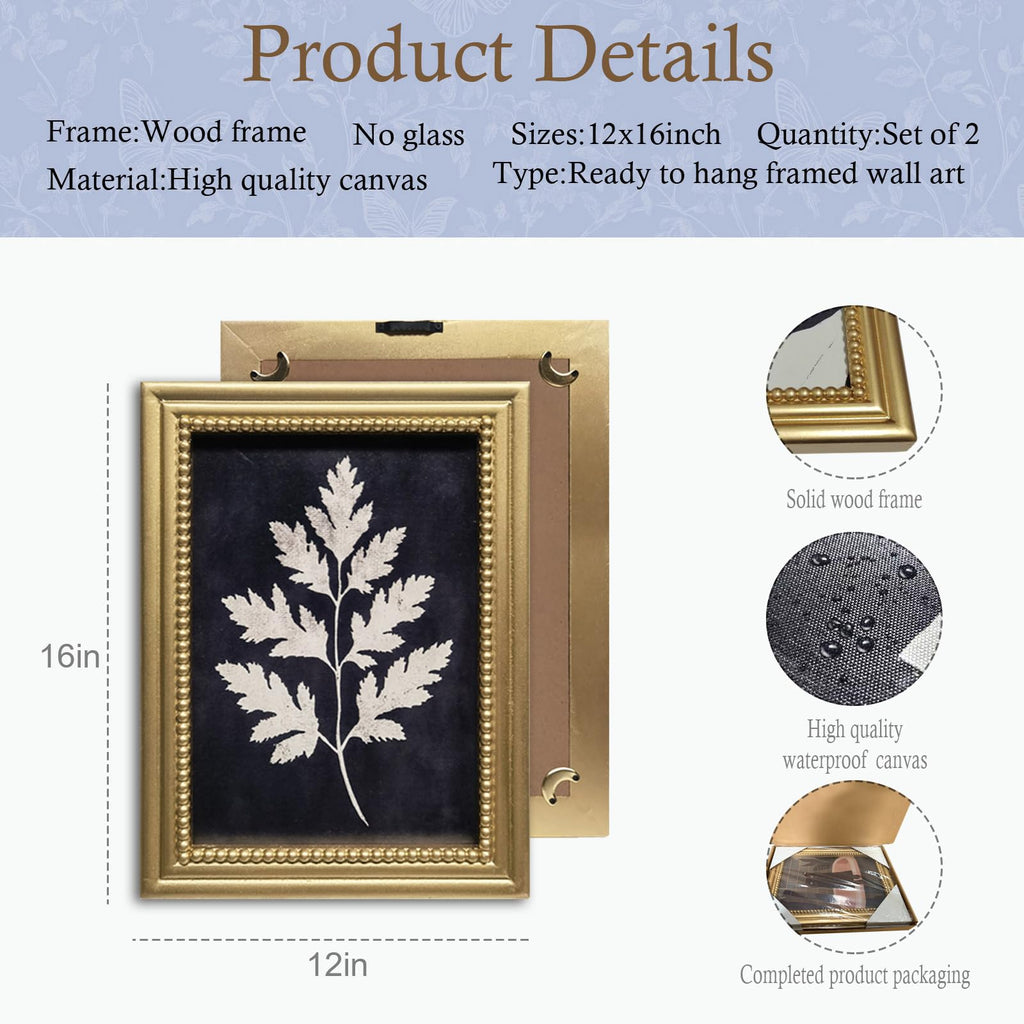 Gold Framed Wall Art Set of 2 - Vintage Botanical Fern Prints, Black Canvas Paintings Wall Decor, Rustic Plant