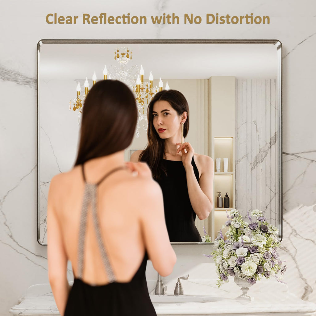 48x40 Inch Brushed Nickel Bathroom Mirror, Rounded Rectangle Silver Metal Frame Mirror, Brushed Nickel, Anti-Rust