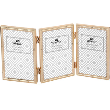 Dark Gold 4x6'' Bamboo Detail Designs Hinged Triple Metal Picture Frame, Elegant Gold Plated Wedding Photo Frames With