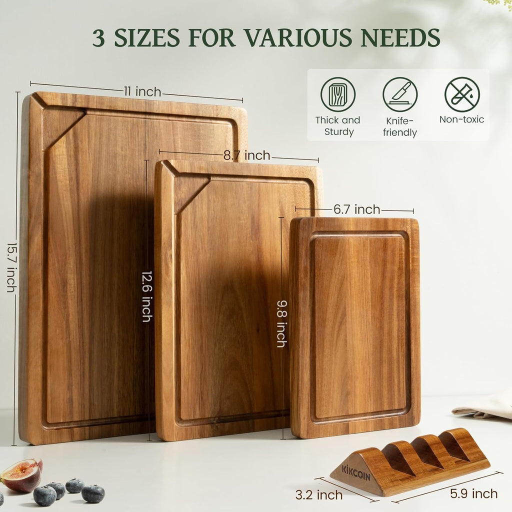 Acacia Wood Cutting Board Set of 3, Wooden Cutting Boards with Deep Juice Grooves, Butcher Block Wooden Chopping