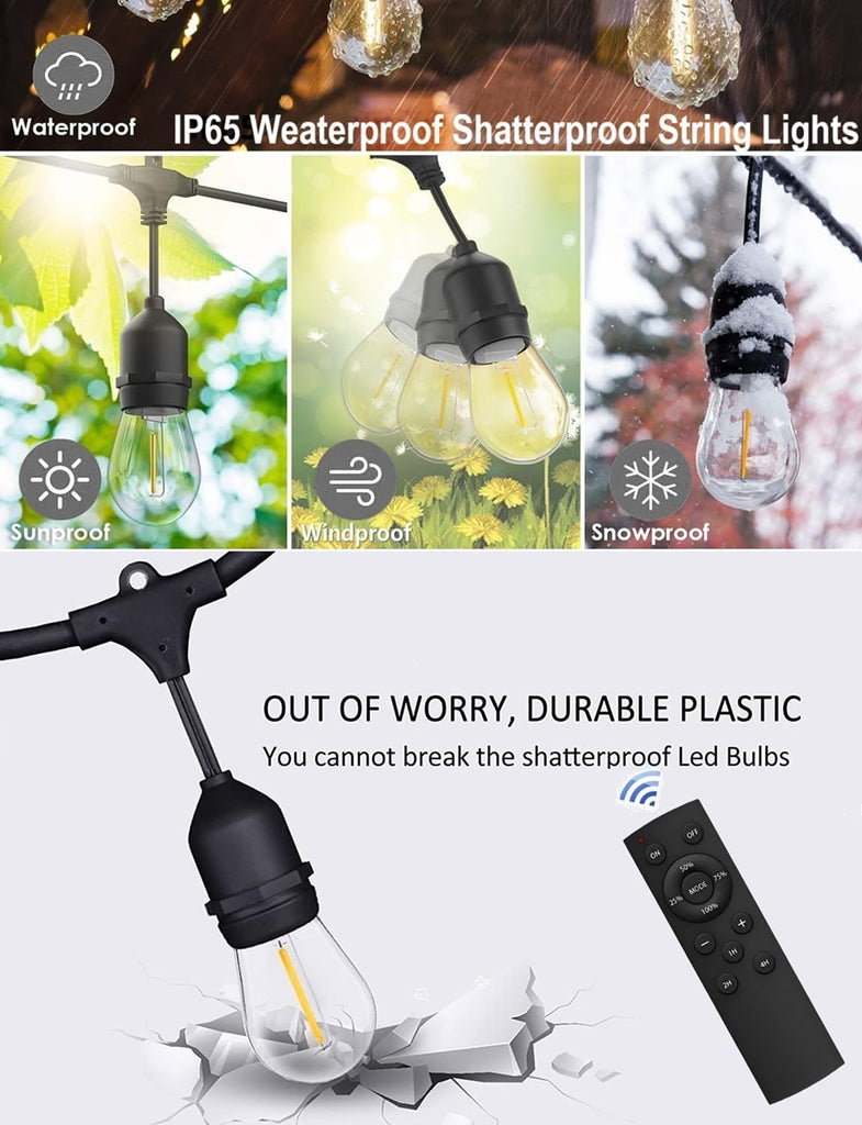 Outdoor String Lights Remote Control Patio Lights Waterproof Commercial Grade, 30+2 Replaceable Dimmable Edison