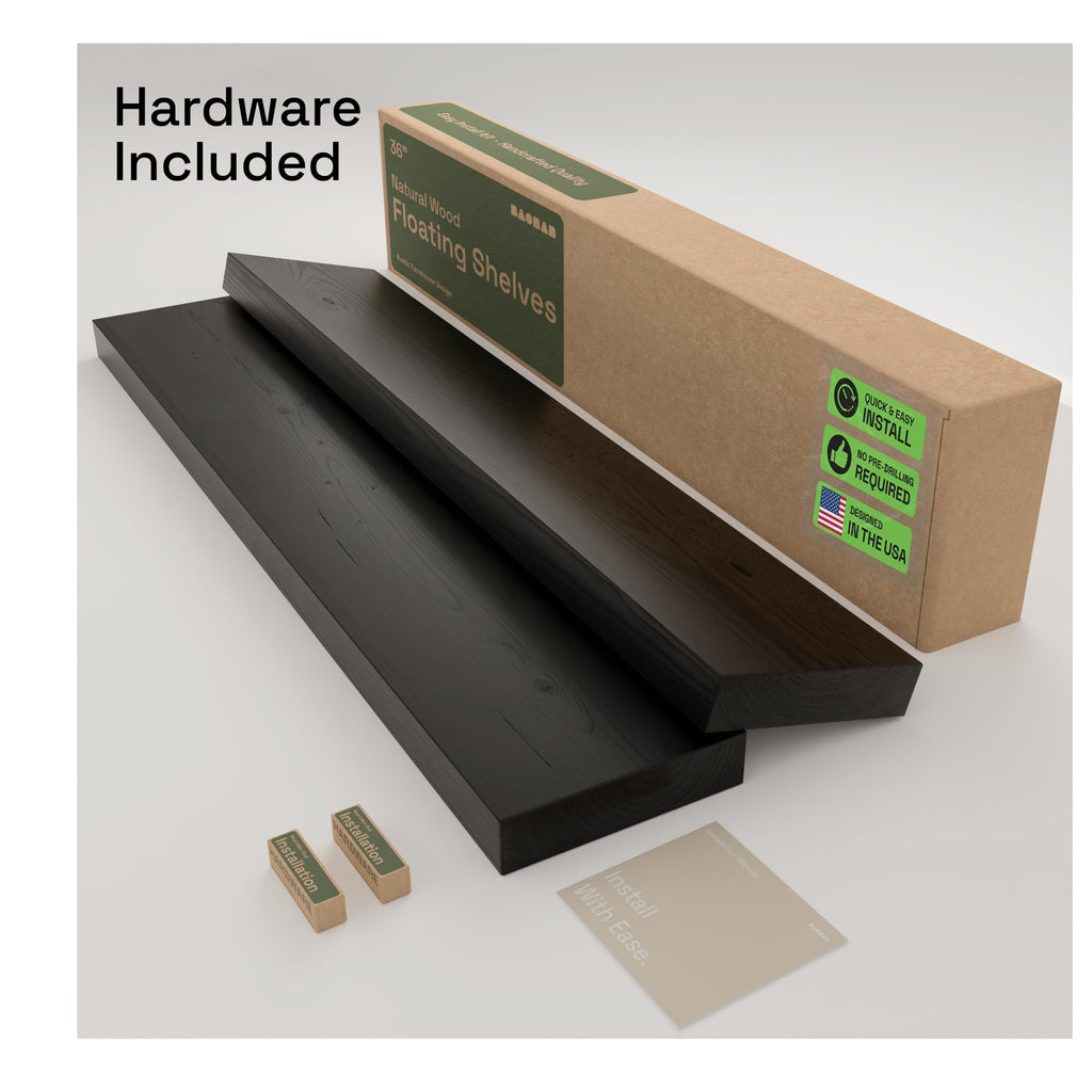 Solid Wood Floating Shelves for Wall 36 Inches Long, Black Wooden Shelf