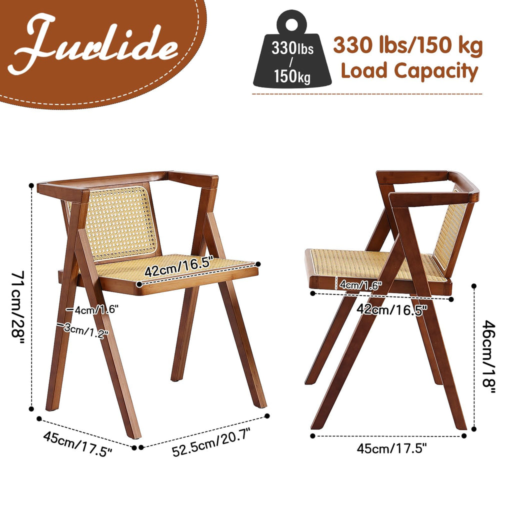 Rattan Dining Chair Set of 2, Mid-Century Modern Cane Armchair