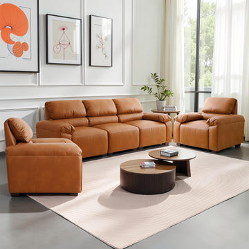 3‐Piece Faux Leather Sofa Set, Mid‐Century Furniture, Brown, 3+1+1