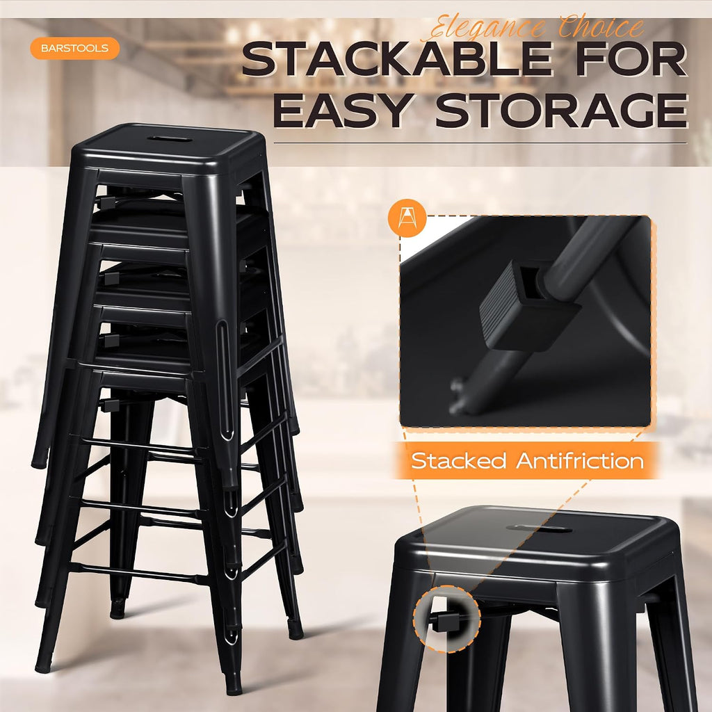 24 Inch Metal Bar Stools Set of 4, Counter Height Bar Stools Height High Backless Stools Industrial Stackable Bar