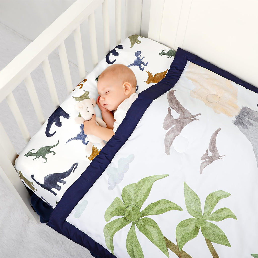 4-Piece Crib Bedding Set, Baby Nursery Bedding Sets for Boys Includes Comforter, Fitted Crib Sheet, Crib Skirt, and