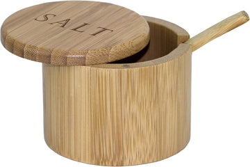 Salt Cellar Bamboo Storage Box with Magnetic Swivel Lid, 6 Ounce Capacity, Engraving on Lid, Includes Salt Spoon