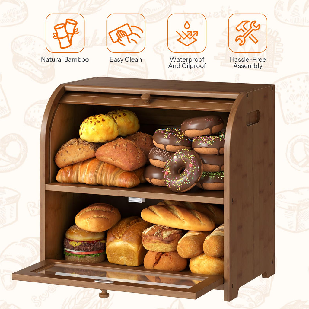 Bamboo Countertop, 2 Tier Roll-Top Bread Bin, Food Storage Box, Large Capacity Keeper, Wooden Storage Cabinet, Brown
