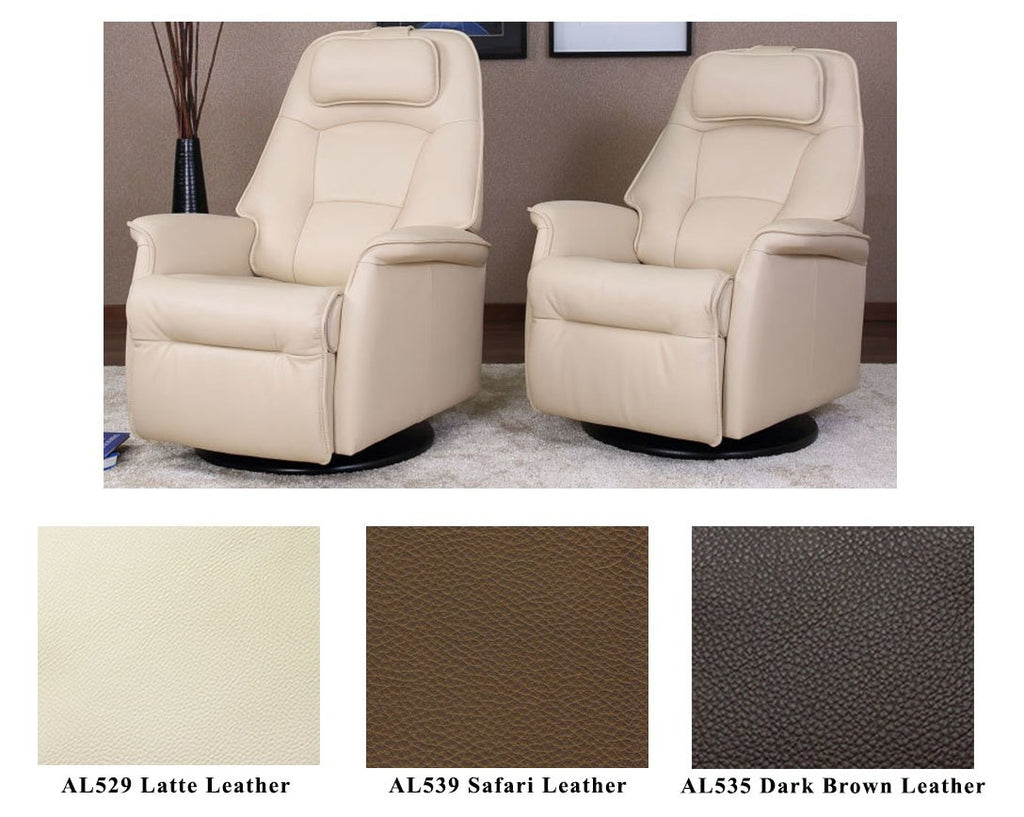 Small Power Recline Swivel Swing Relaxer Recliner Chair in Safari Astro Line Premium Leather
